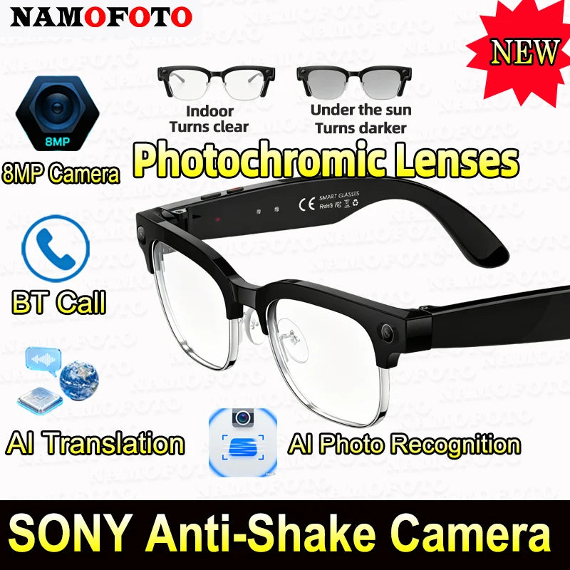 KI Smart Brille 2026 – 8MP HD Kamera, WiFi-Übertragung, Foto-Erkennung & BT Anruf