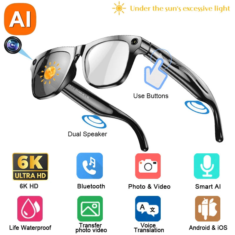 6K AI Kamera Brille – Photochrom, ChatGPT, Übersetzung in 75 Sprachen & Bluetooth