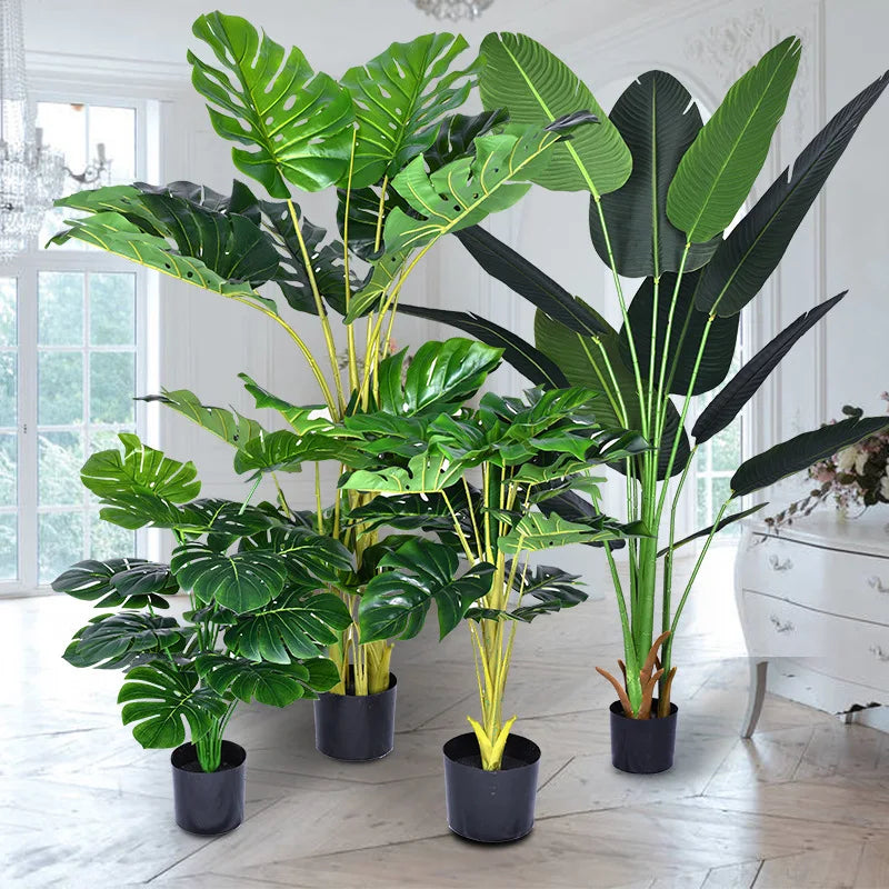 Große Kunstpflanze Monstera & Bambus – Tropische Deko-Pflanze mit Blumentopf für Innen & Außen