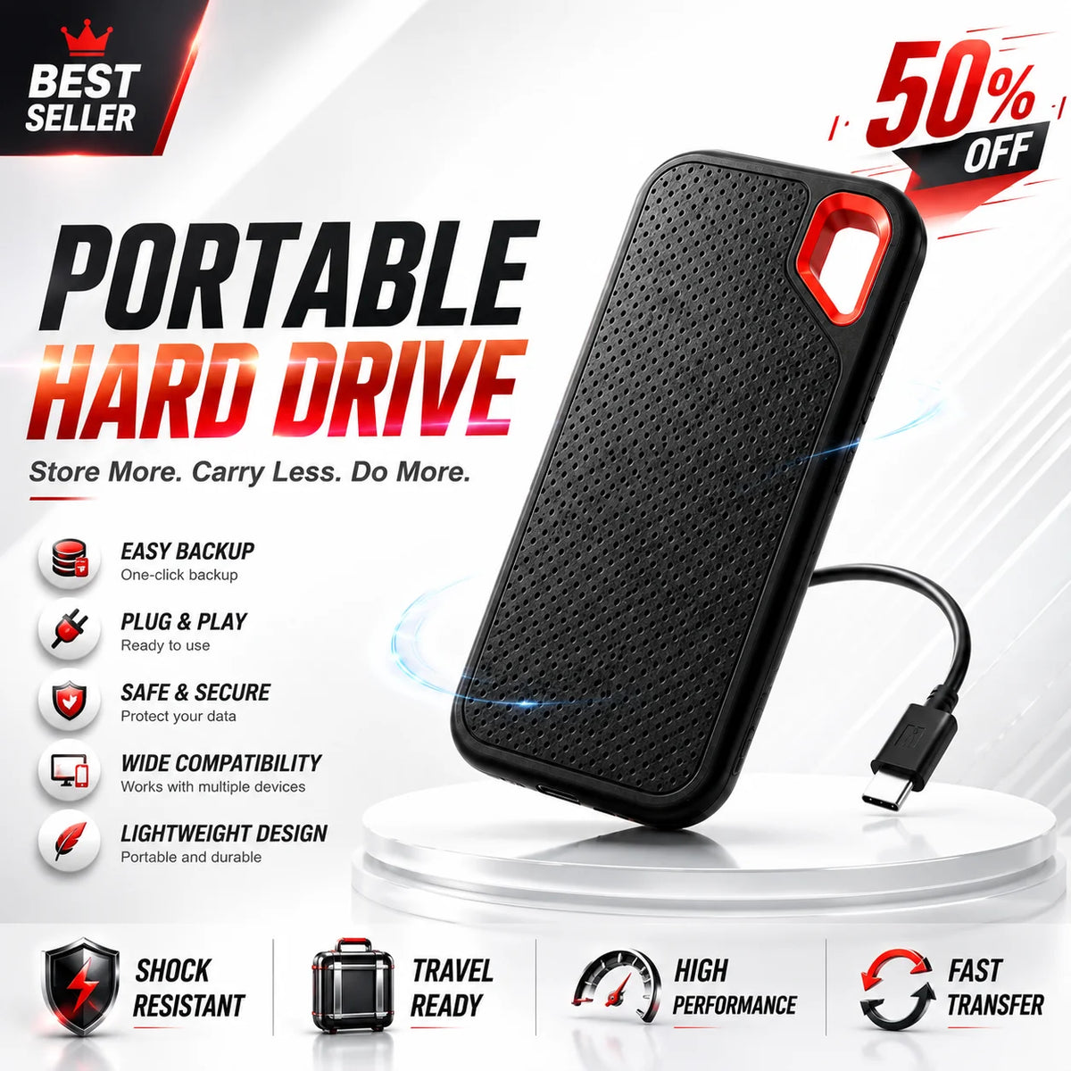 Portable SSD – Wasserdicht & Stoßfest, bis 2TB, USB 3.1, Plug & Play – Frontansicht