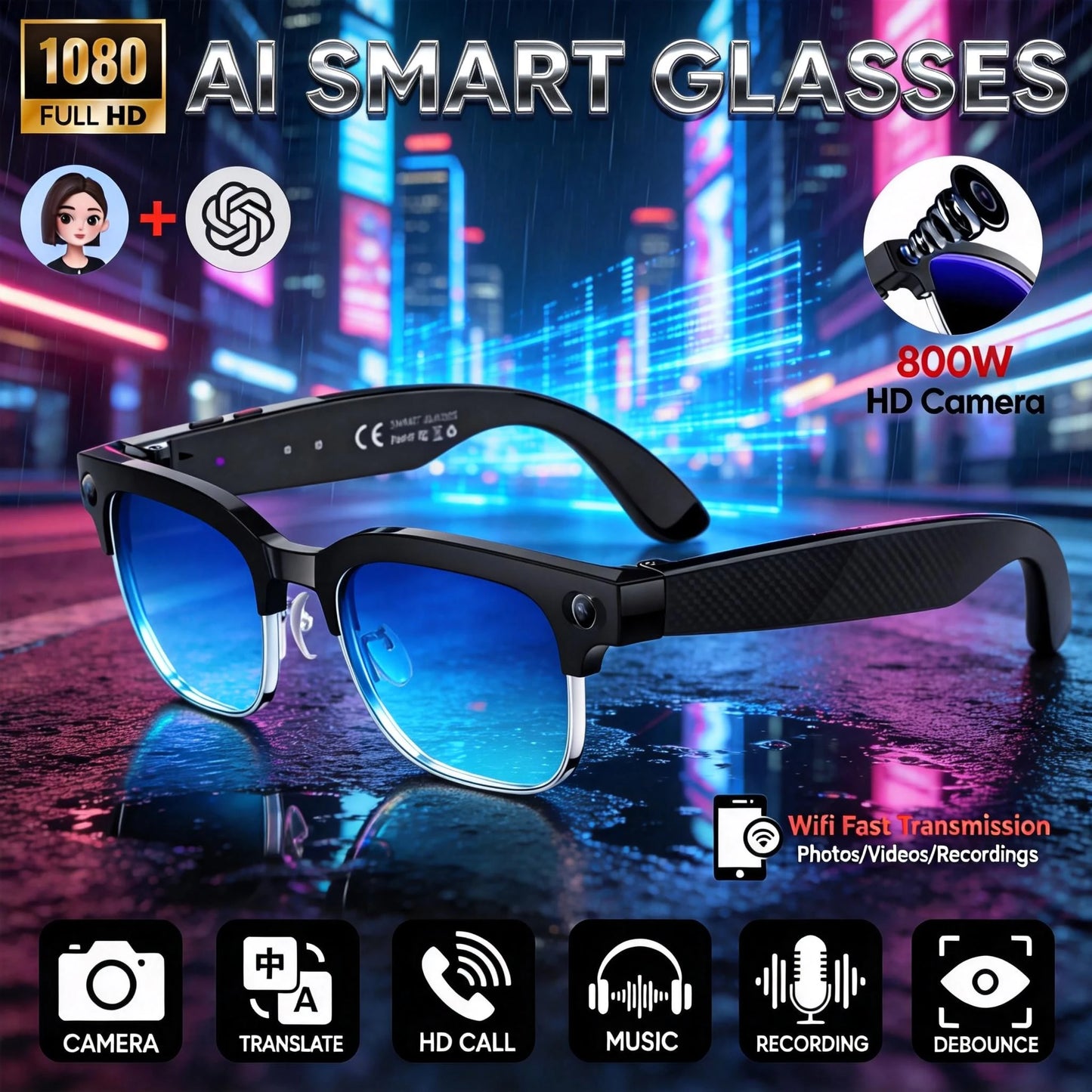 KI Smart Brille W630 Pro – 128GB, OIS Bildstabilisierung, 28 Sprachen, IP66