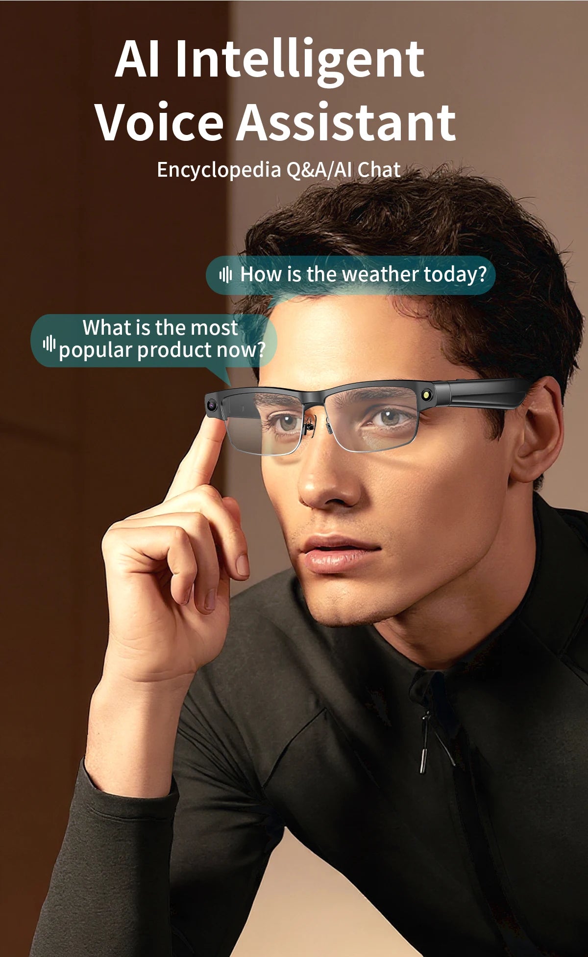 800W HD KI Smart-Brille – WiFi, Bluetooth, Sprachassistent & Objekterkennung