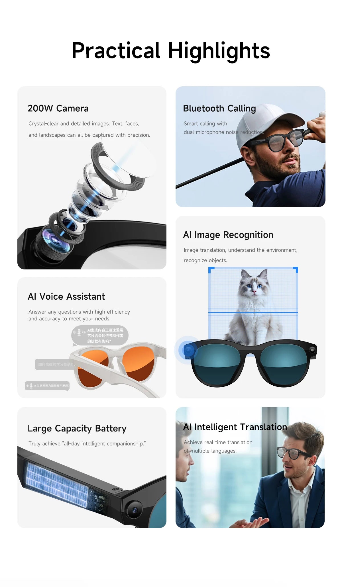 KI Smart Brille 2025 – 800W Kamera, Foto & Video, Übersetzung, Musik & BT Anruf