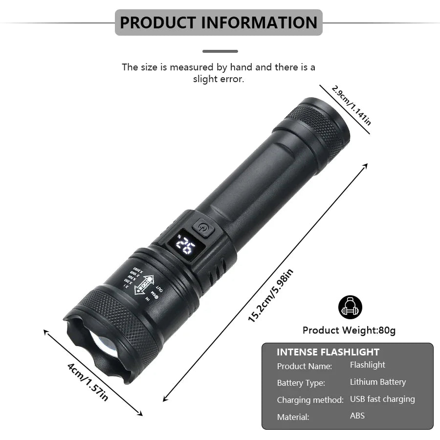 LED Taschenlampe 2000LM – USB wiederaufladbar, zoombar für Camping & Outdoor