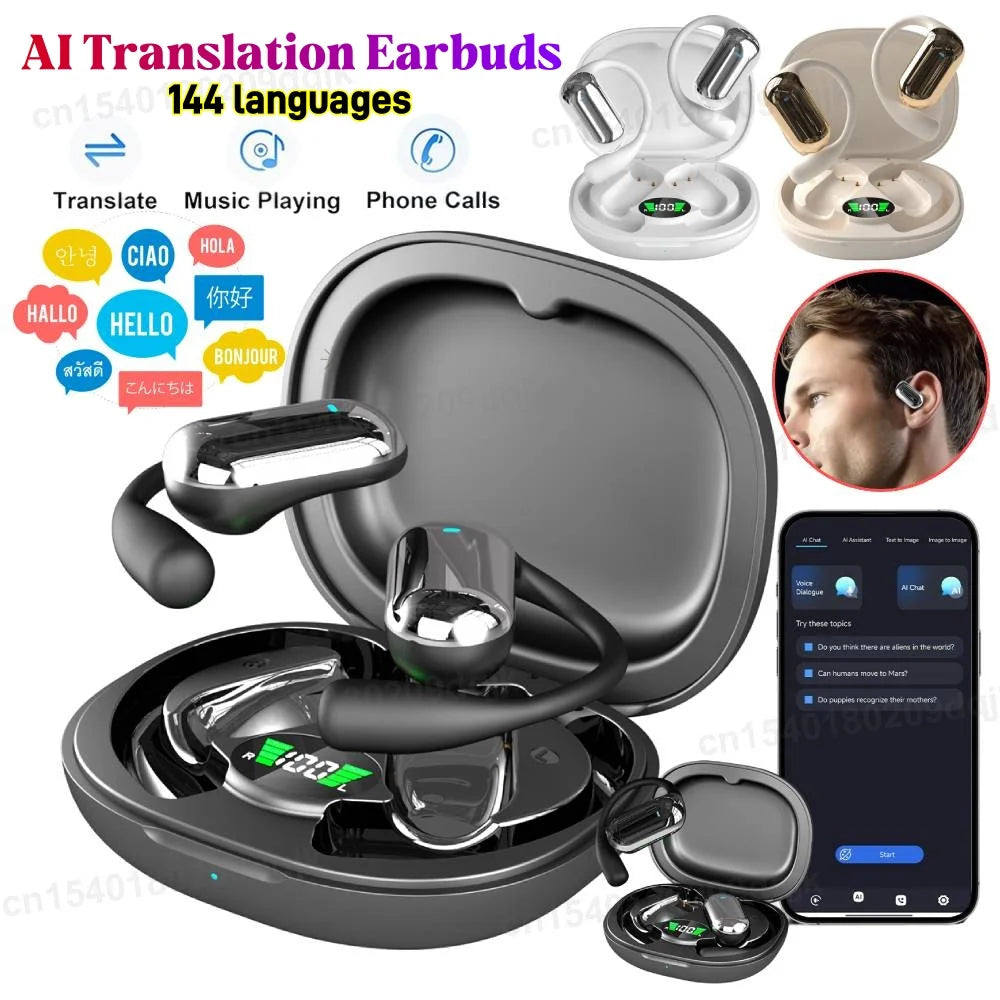 Open-Ear KI Übersetzer Earbuds – 144 Sprachen, Bluetooth 5.3, ENC, 8h Akku