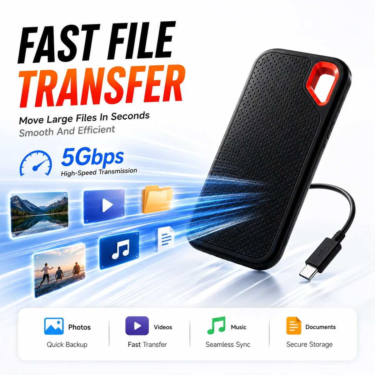 Portable SSD – Wasserdicht & Stoßfest, bis 2TB, USB 3.1, Plug & Play – Seitenansicht