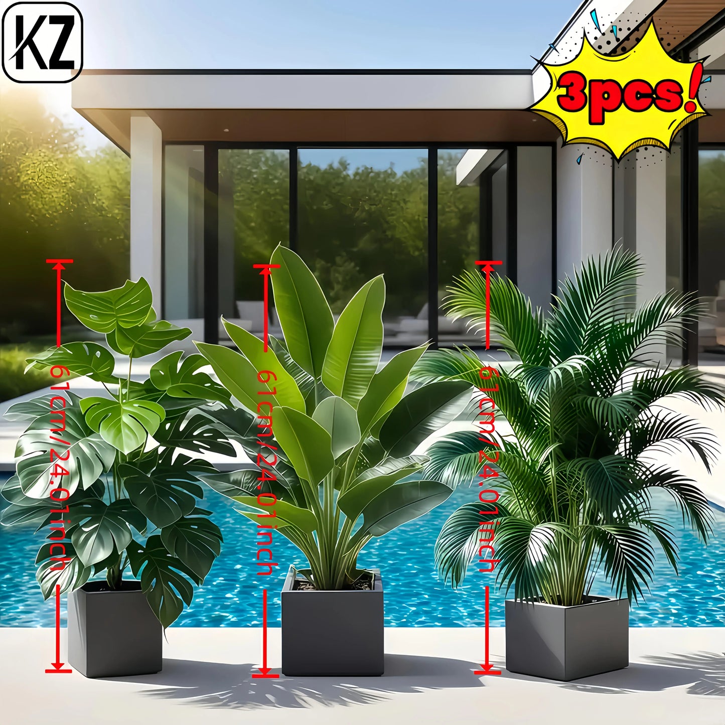 Künstliche Pflanzen Set 3er – Monstera, Palme & Bananenbaum für Deko