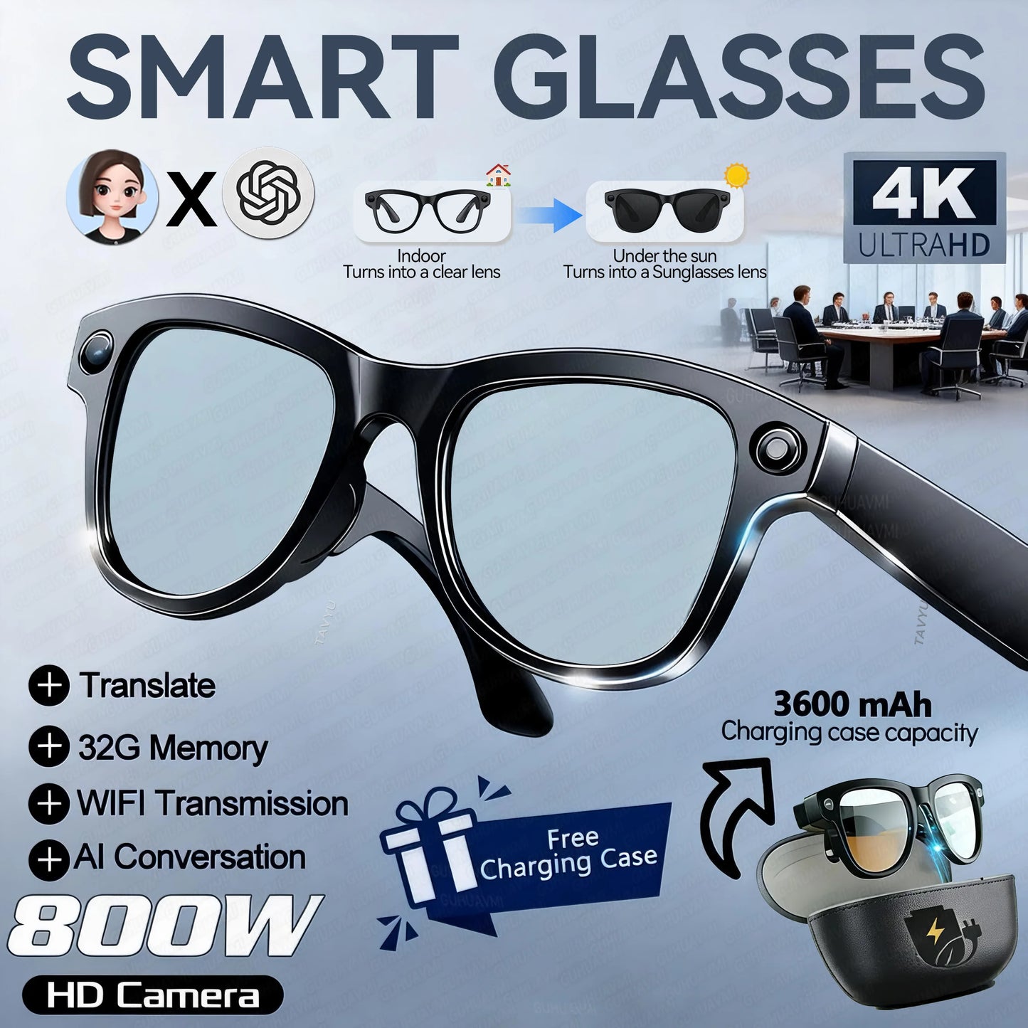 KI Smart Brille 2026 – 4K Kamera, 3600mAh Powerbank, 32GB, ChatGPT & 120+ Sprachen