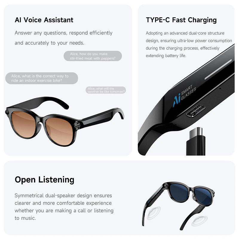 KI Smart Brille – Bilderkennung, KI-Sprachassistent, Musiksteuerung & TYPE-C Schnellladung