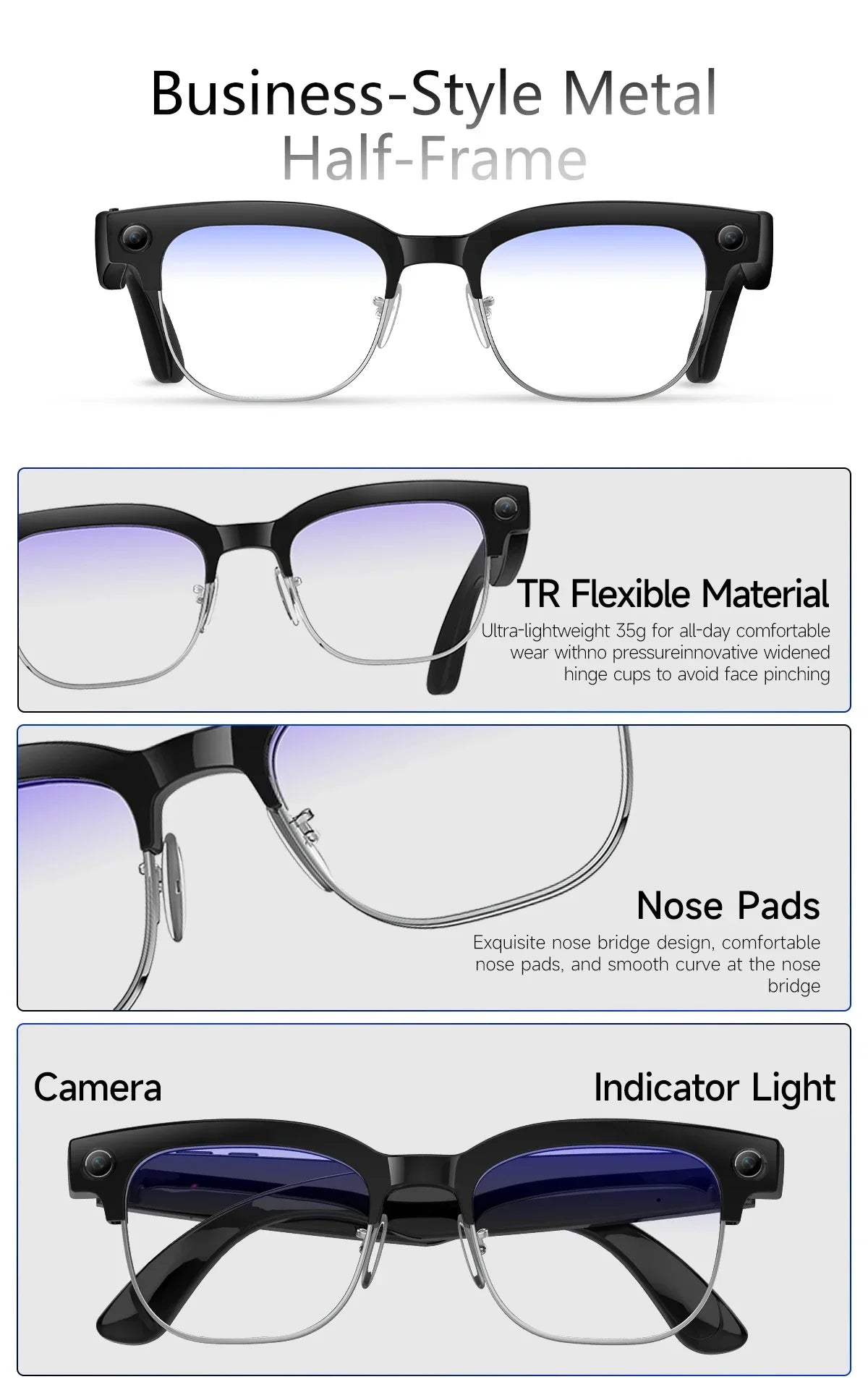 KI Smart Brille – 800W HD Kamera, Objekterkennung, KI-Übersetzung & Foto/Video