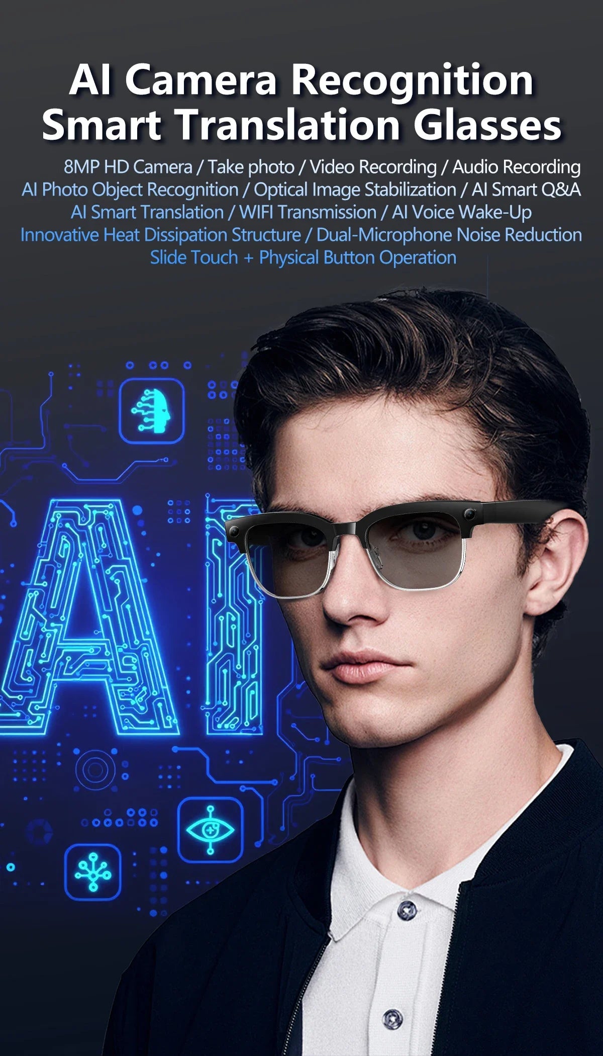 KI Smart Brille – 800W HD Kamera, Objekterkennung, KI-Übersetzung & Foto/Video