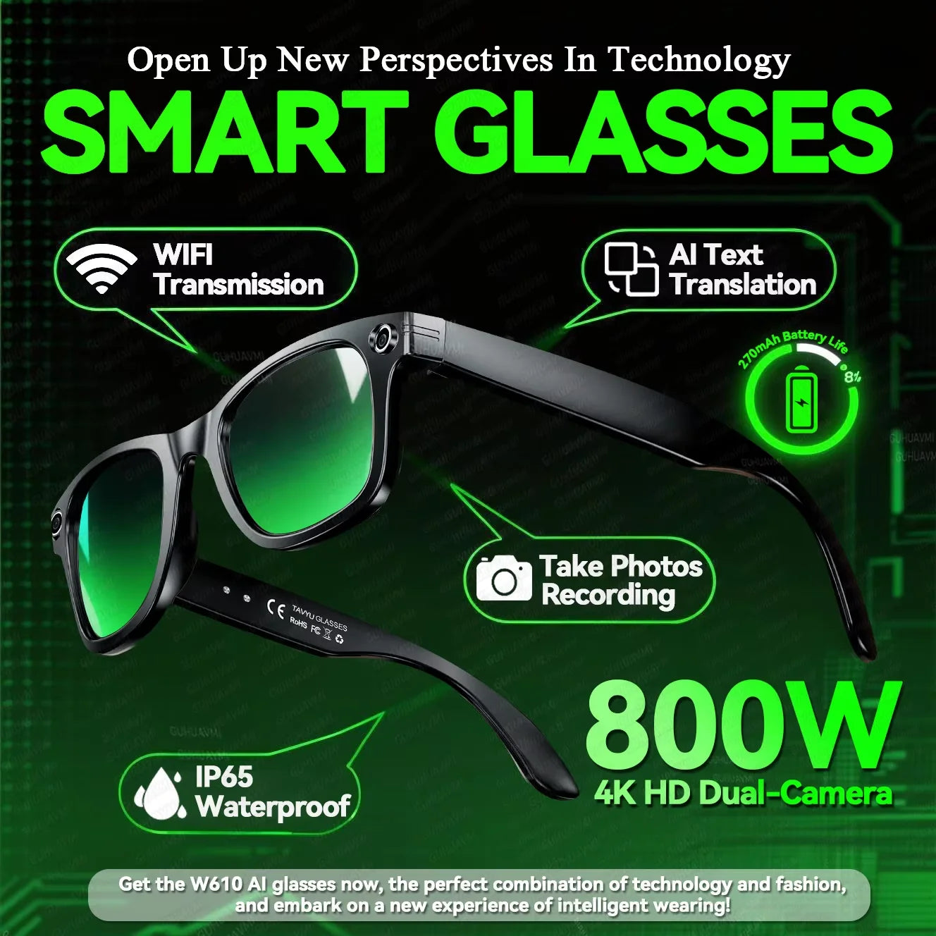 KI Smart Brille IP67 – Bluetooth, Kamera, KI-Übersetzung & Noise Cancelling
