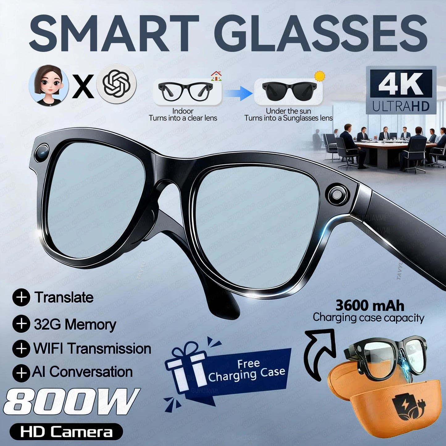 KI Smart Brille 2026 – 4K Kamera, 3600mAh Powerbank, 32GB, ChatGPT & 120+ Sprachen