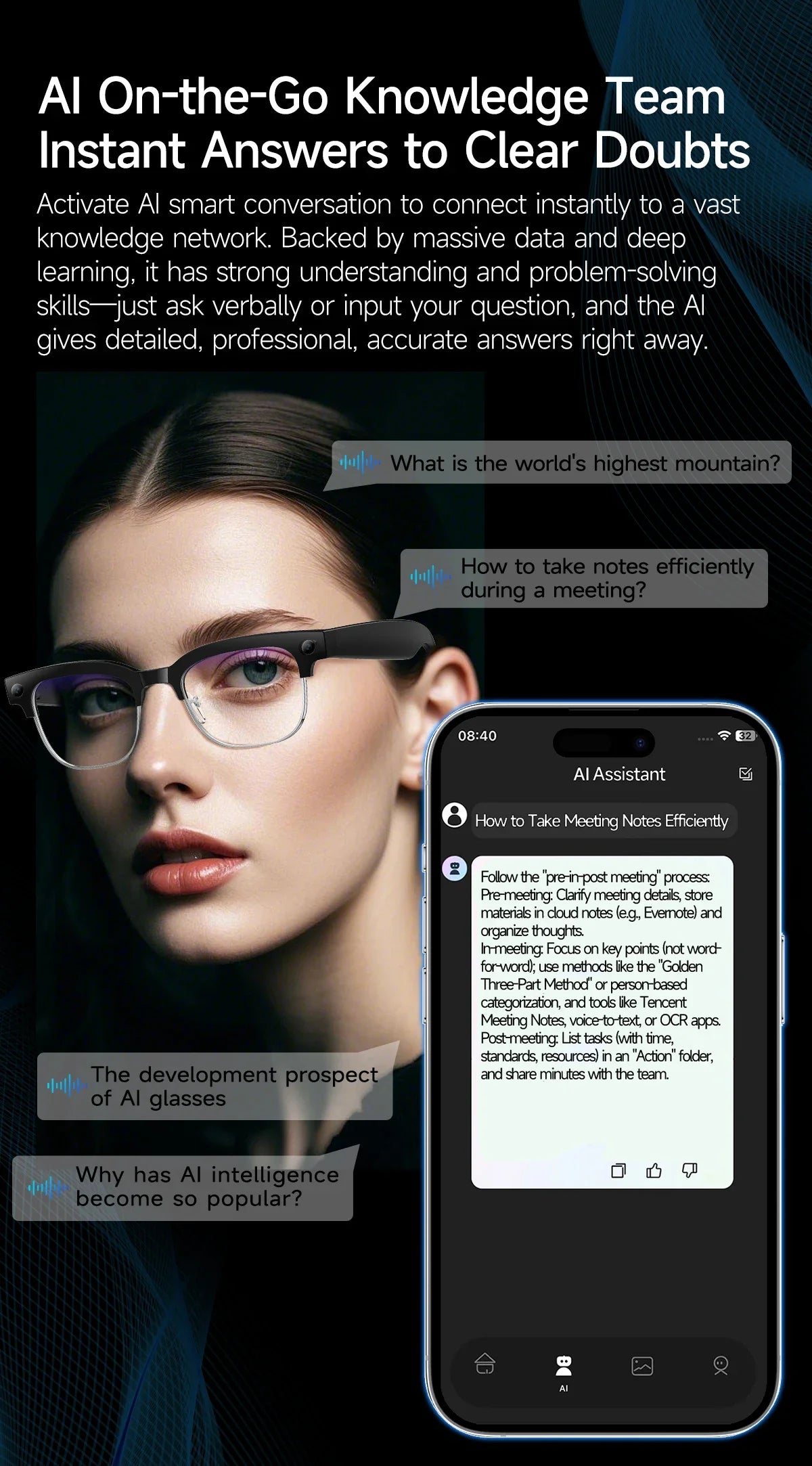 KI Smart Brille – 800W HD Kamera, Objekterkennung, KI-Übersetzung & Foto/Video