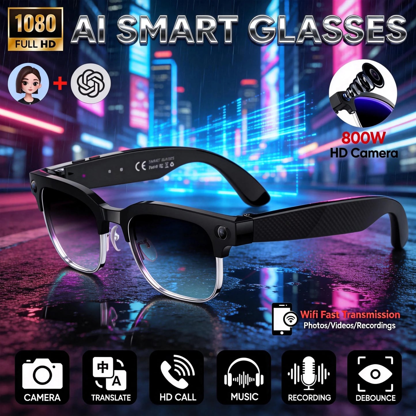 KI Smart Brille W630 Pro – 128GB, OIS Bildstabilisierung, 28 Sprachen, IP66