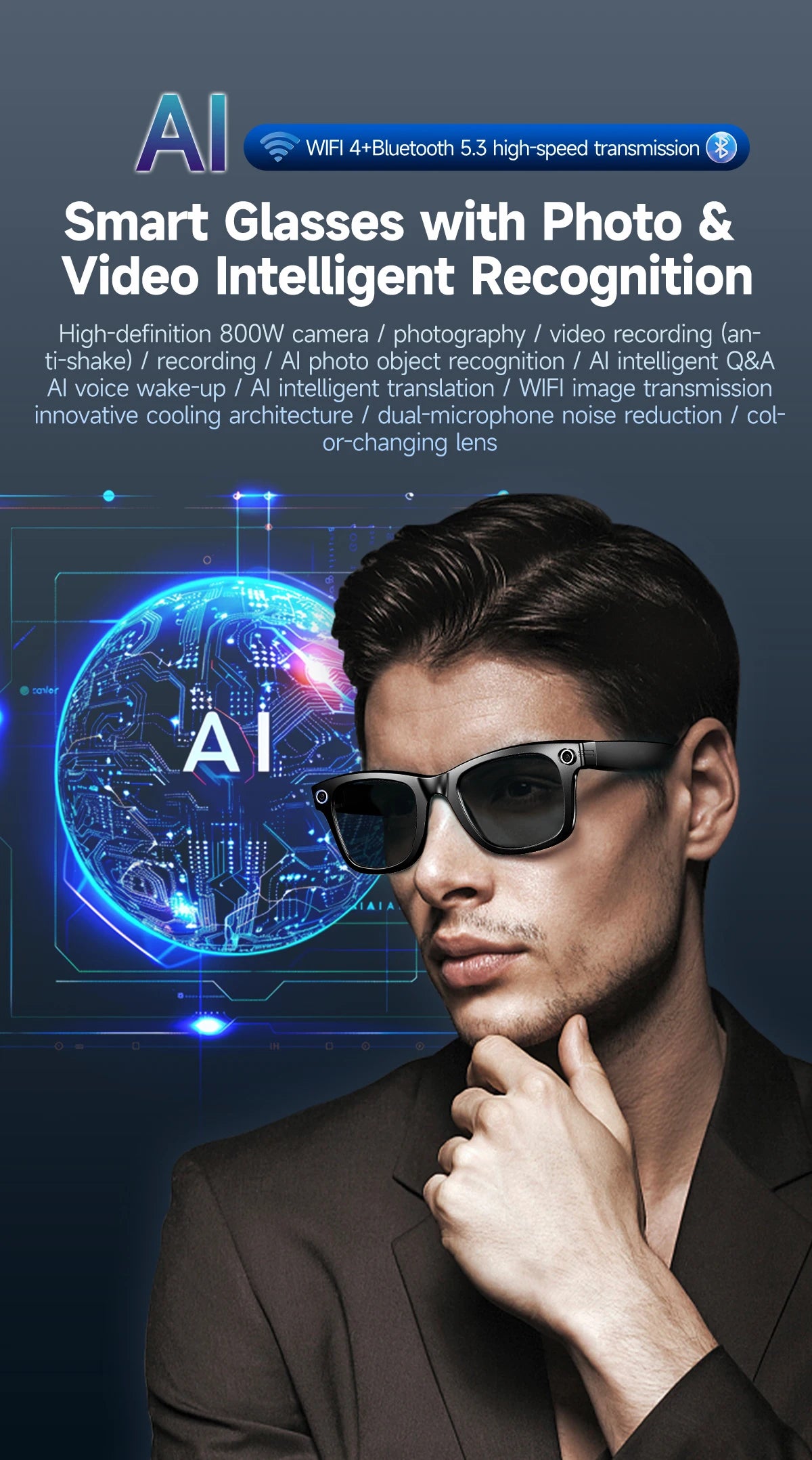 KI Smart Brille IP67 – Bluetooth, Kamera, KI-Übersetzung & Noise Cancelling