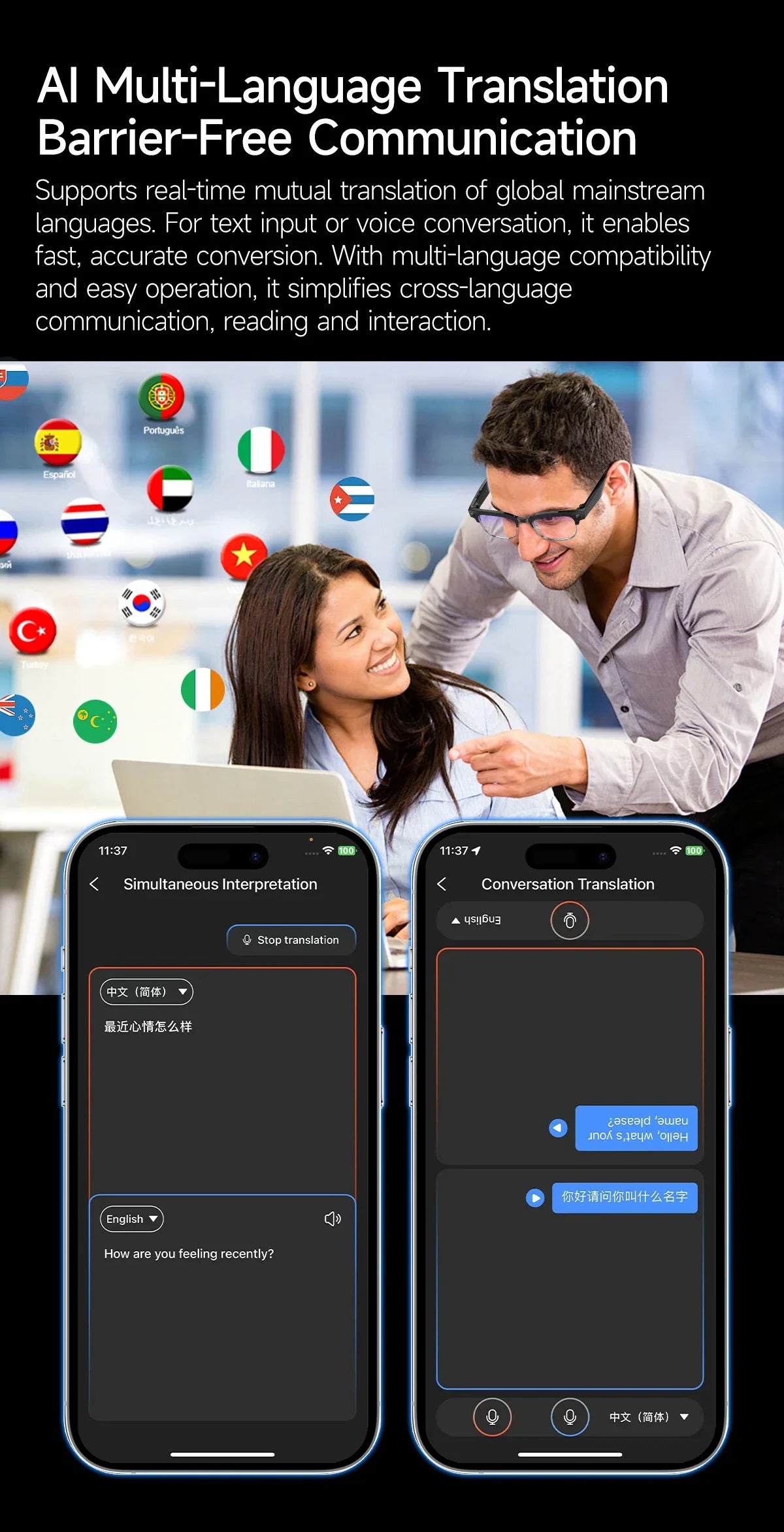 yaocx W630 KI Smart Brille – 800W Kamera, KI-Übersetzung & Bluetooth