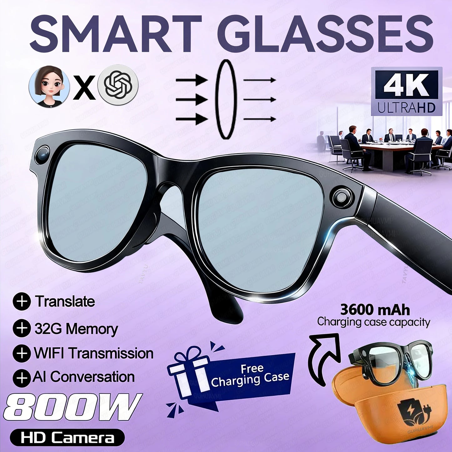 Lenovo 8K KI Smart Brille – HD Kamera, Bluetooth, Musik, Übersetzung & Photochrom-Gläser