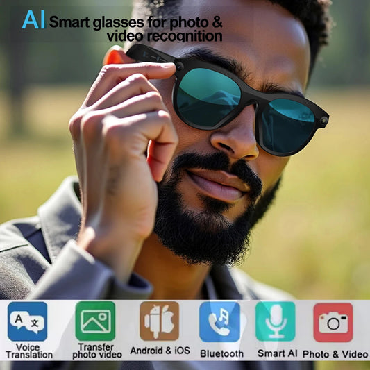 KI Smart Brille 2025 – 800W Kamera, Foto & Video, Übersetzung, Musik & BT Anruf