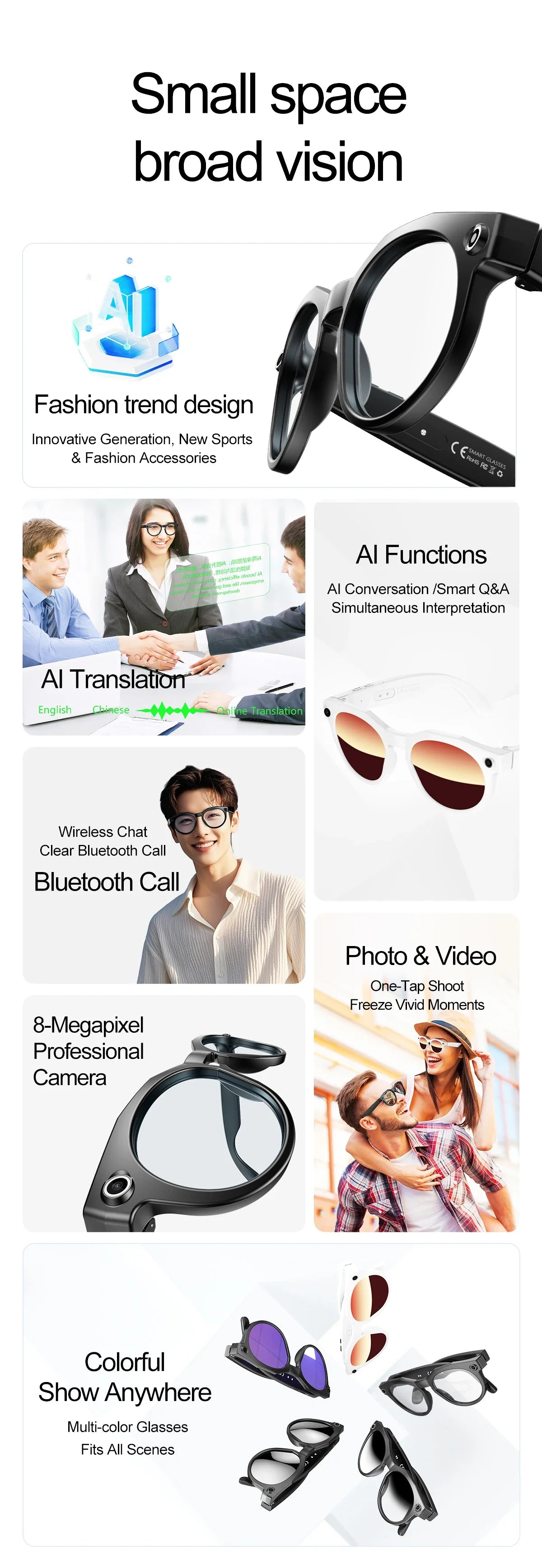 KI Smart Brille – 800W Anti-Shake Kamera, WiFi-Übertragung, IP66, KI-Übersetzung & BT