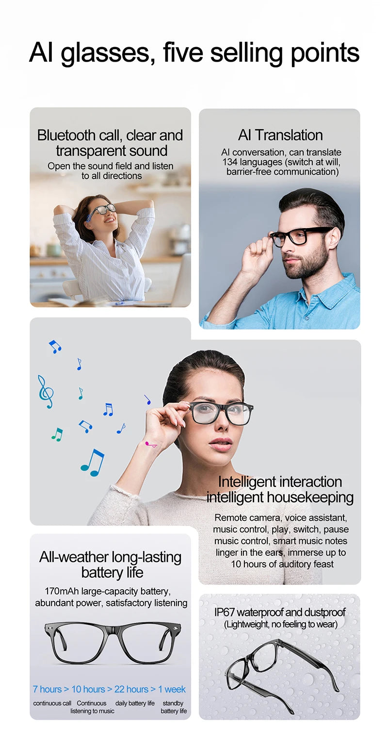 Smart Brille W100 – IP67 Wasserdicht, 164 Sprachen, GPS, Ultraleicht 25g