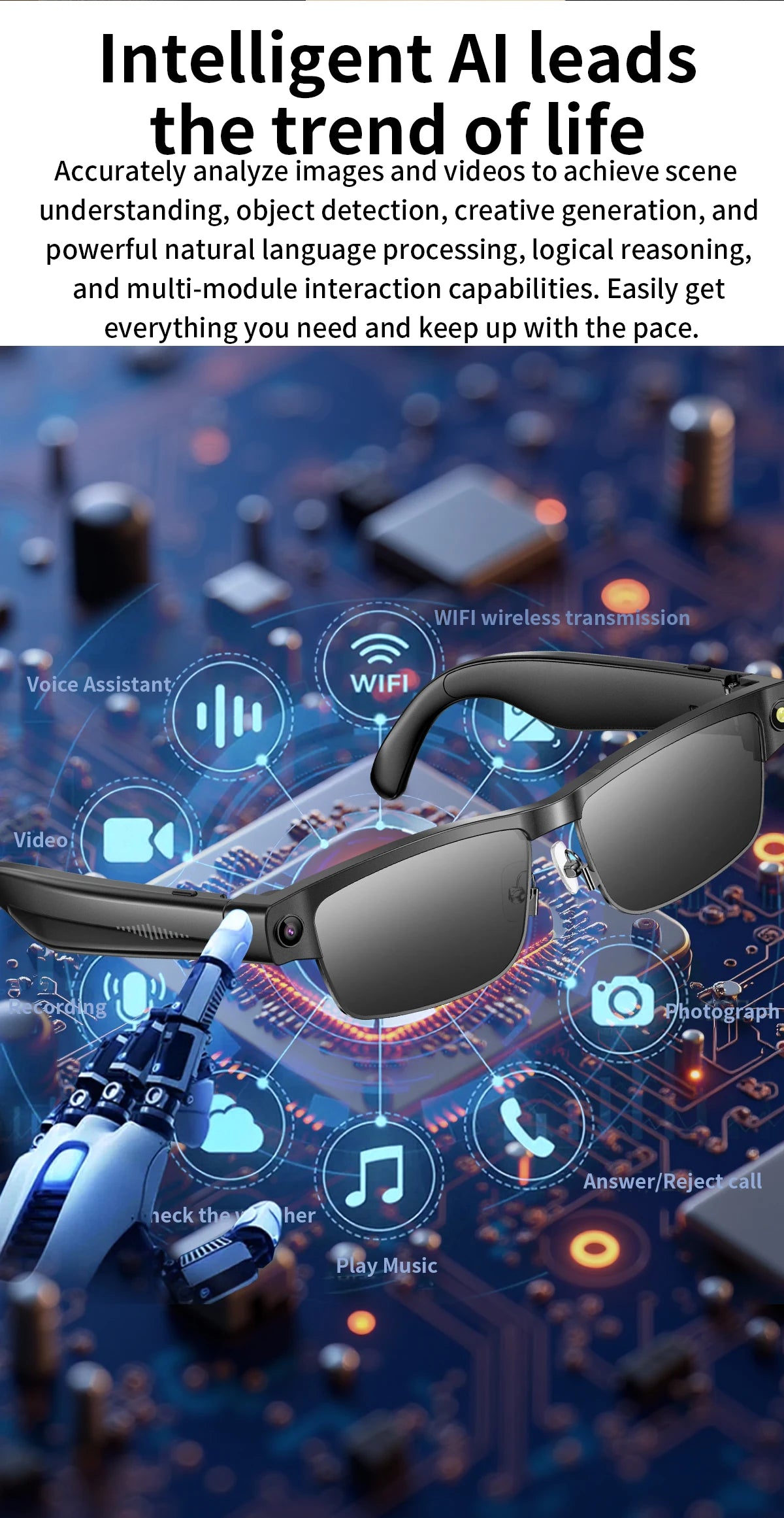 KI Smart Brille 2026 – 800W Kamera, 1200P Anti-Shake HD Video, Übersetzung & BT Anruf