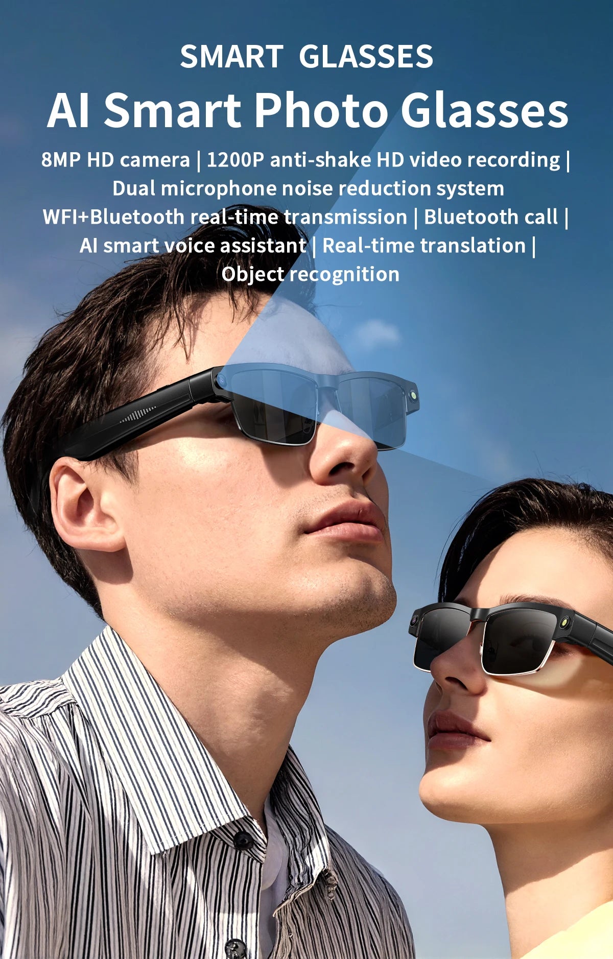 KI Smart Foto-Brille – 800W Kamera, 1200P Anti-Shake HD, Übersetzung, Musik & BT Anruf