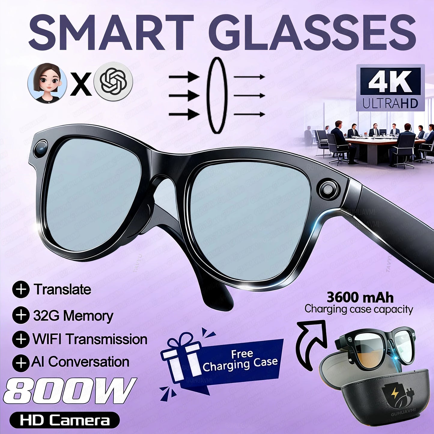 Lenovo 8K KI Smart Brille – HD Kamera, Bluetooth, Musik, Übersetzung & Photochrom-Gläser