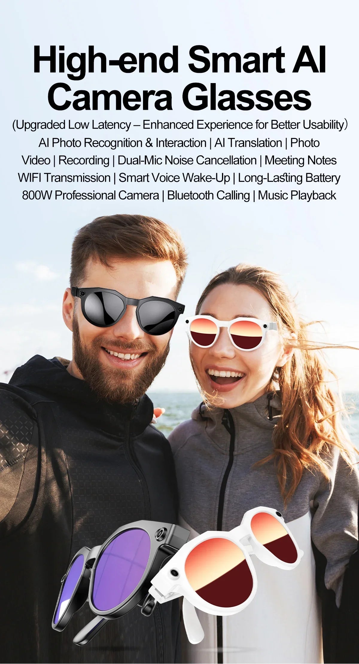 KI Smart Brille – 800W Anti-Shake Kamera, WiFi-Übertragung, IP66, KI-Übersetzung & BT
