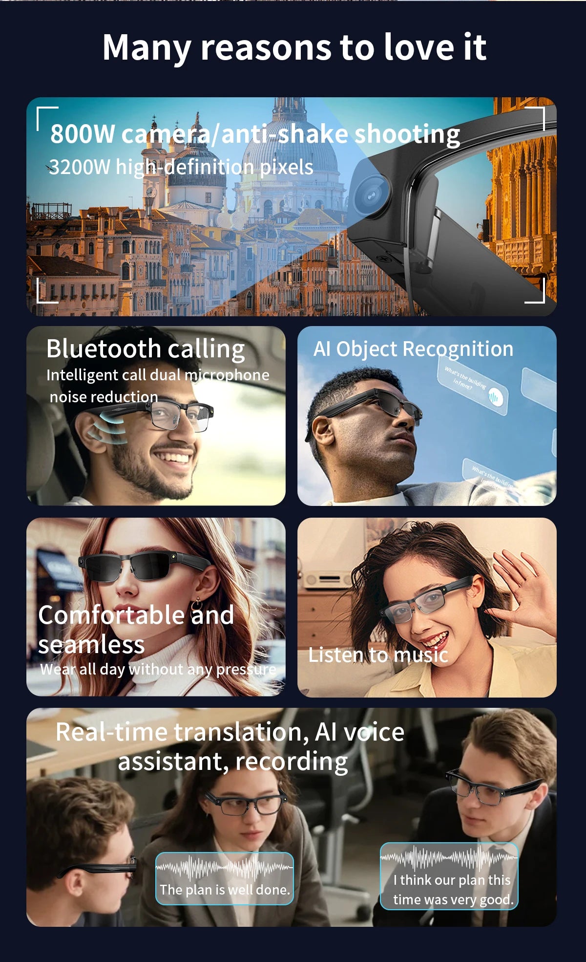 800W HD KI Smart-Brille – WiFi, Bluetooth, Sprachassistent & Objekterkennung