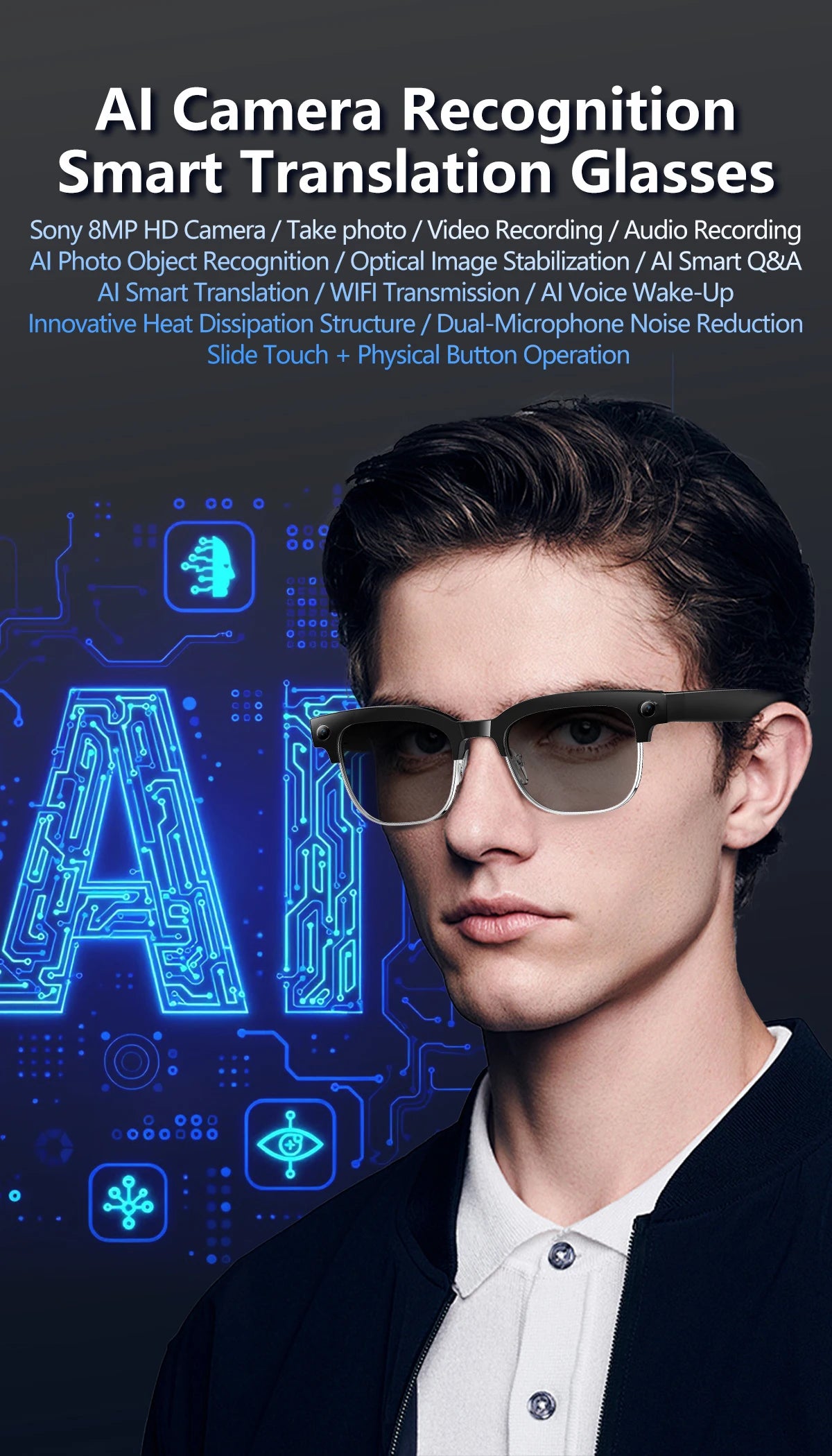 KI Smart Brille 2026 – 8MP HD Kamera, WiFi-Übertragung, Foto-Erkennung & BT Anruf