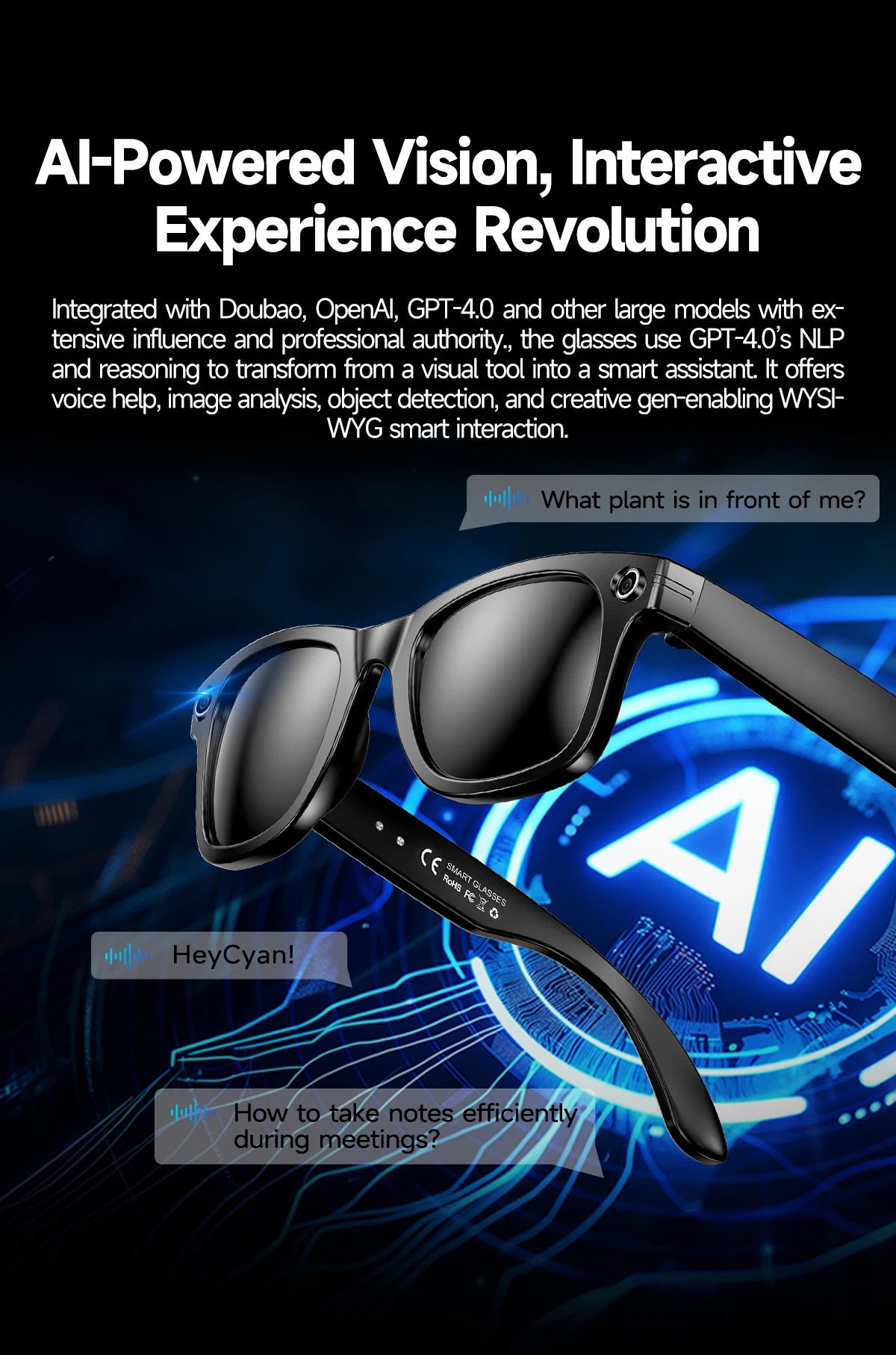 KI Smart Brille – 800W Anti-Shake HD Kamera, Übersetzung, Musik & BT Anruf