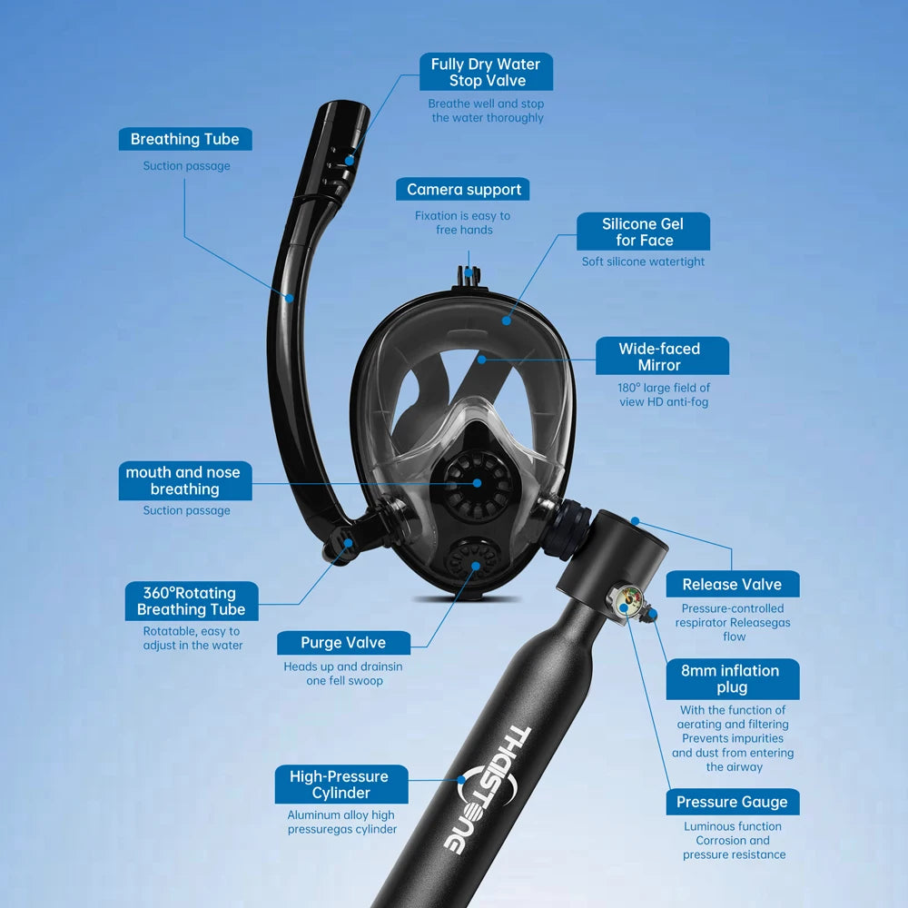 Tauchset mit Vollgesichtsmaske – 0,5 L Mini Scuba Tank & Schnorchelmaske