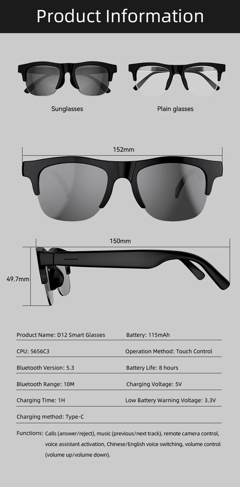 D12 Bluetooth-Smart-Brille für Musik und Anrufe – Produktbild 16