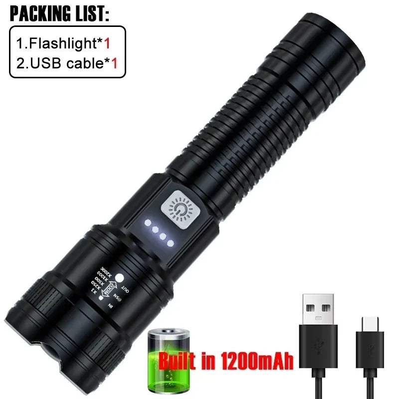 LED Taschenlampe 2000LM – USB wiederaufladbar, zoombar für Camping & Outdoor