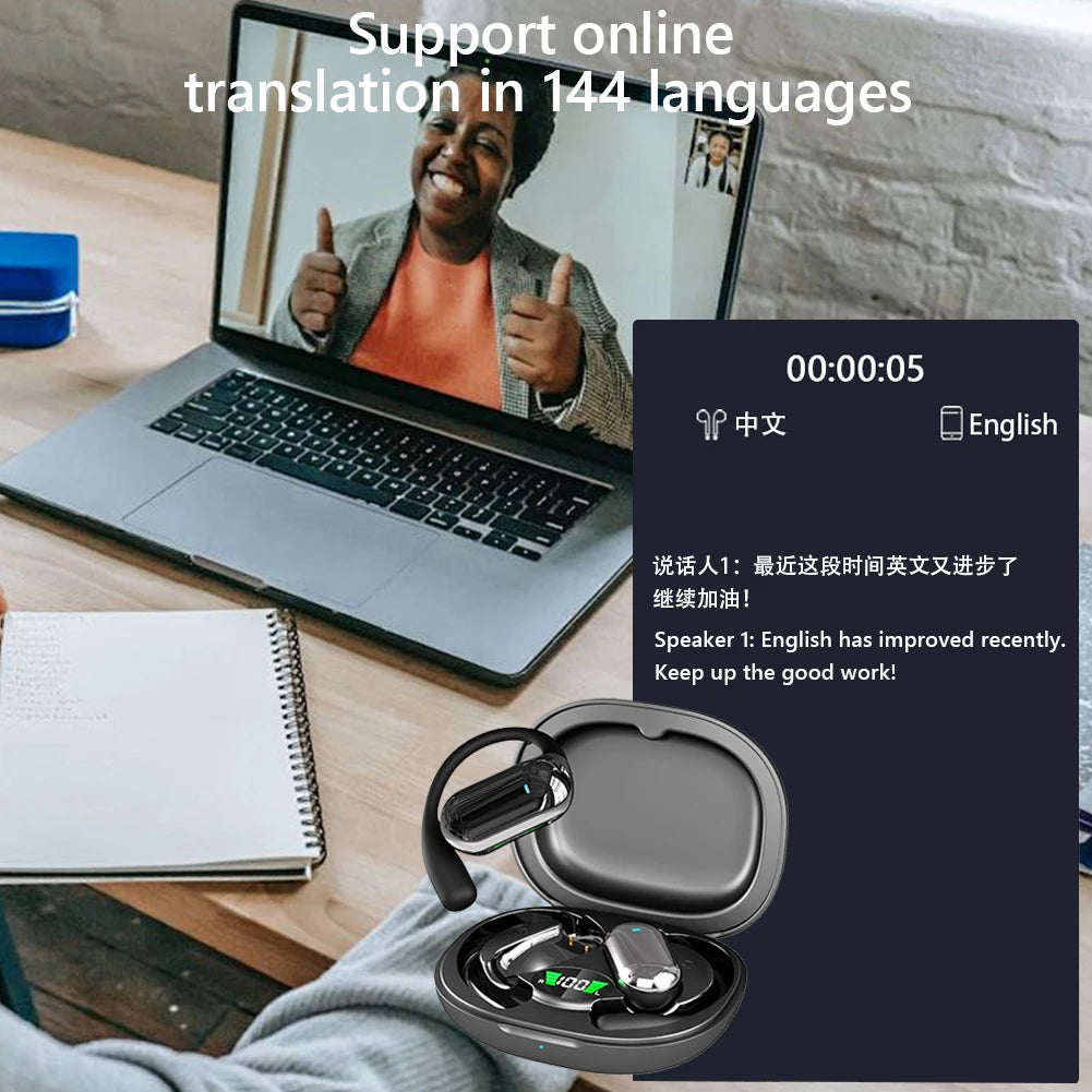 Open-Ear KI Übersetzer Earbuds – 144 Sprachen, Bluetooth 5.3, ENC, 8h Akku