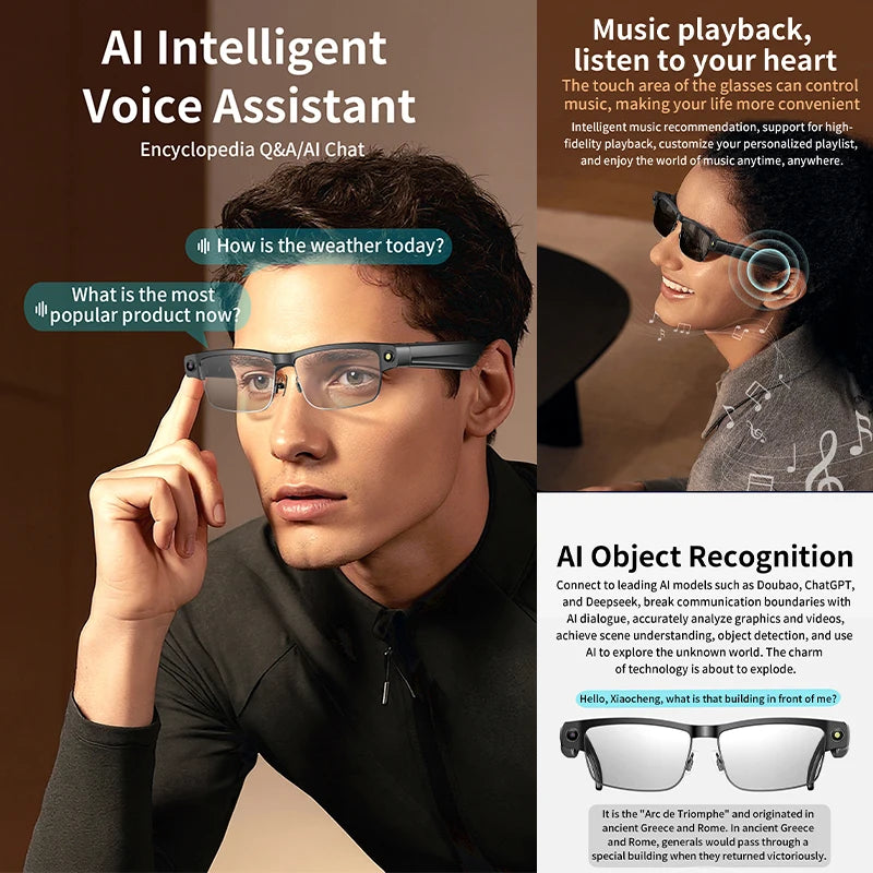 800W HD KI Smart-Brille – WiFi, Bluetooth, Sprachassistent & Objekterkennung