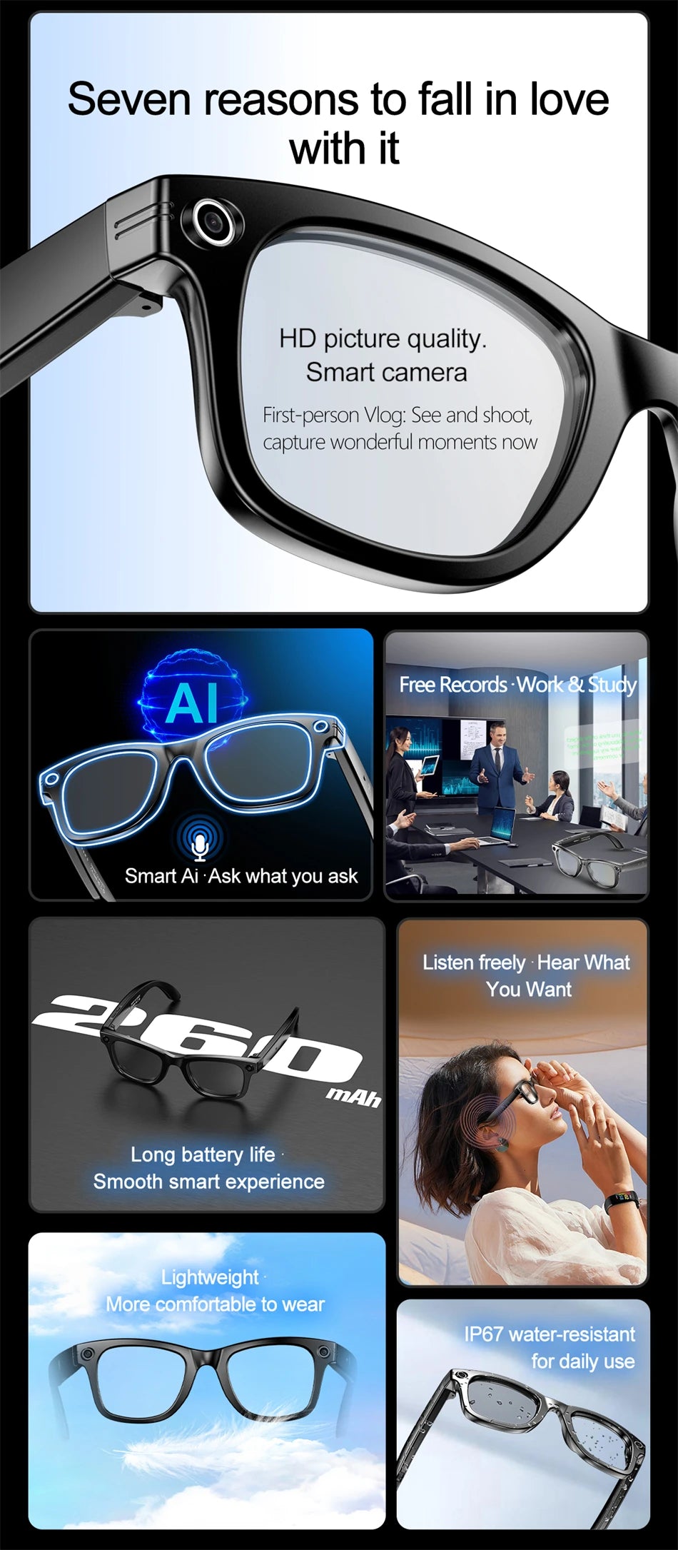 KI Smart Brille 2026 – HD Kamera, Übersetzung & Bluetooth Audio