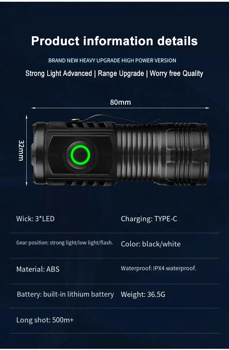 Mini LED Taschenlampe S01 – 450 Lumen, 200m Reichweite & USB aufladbar