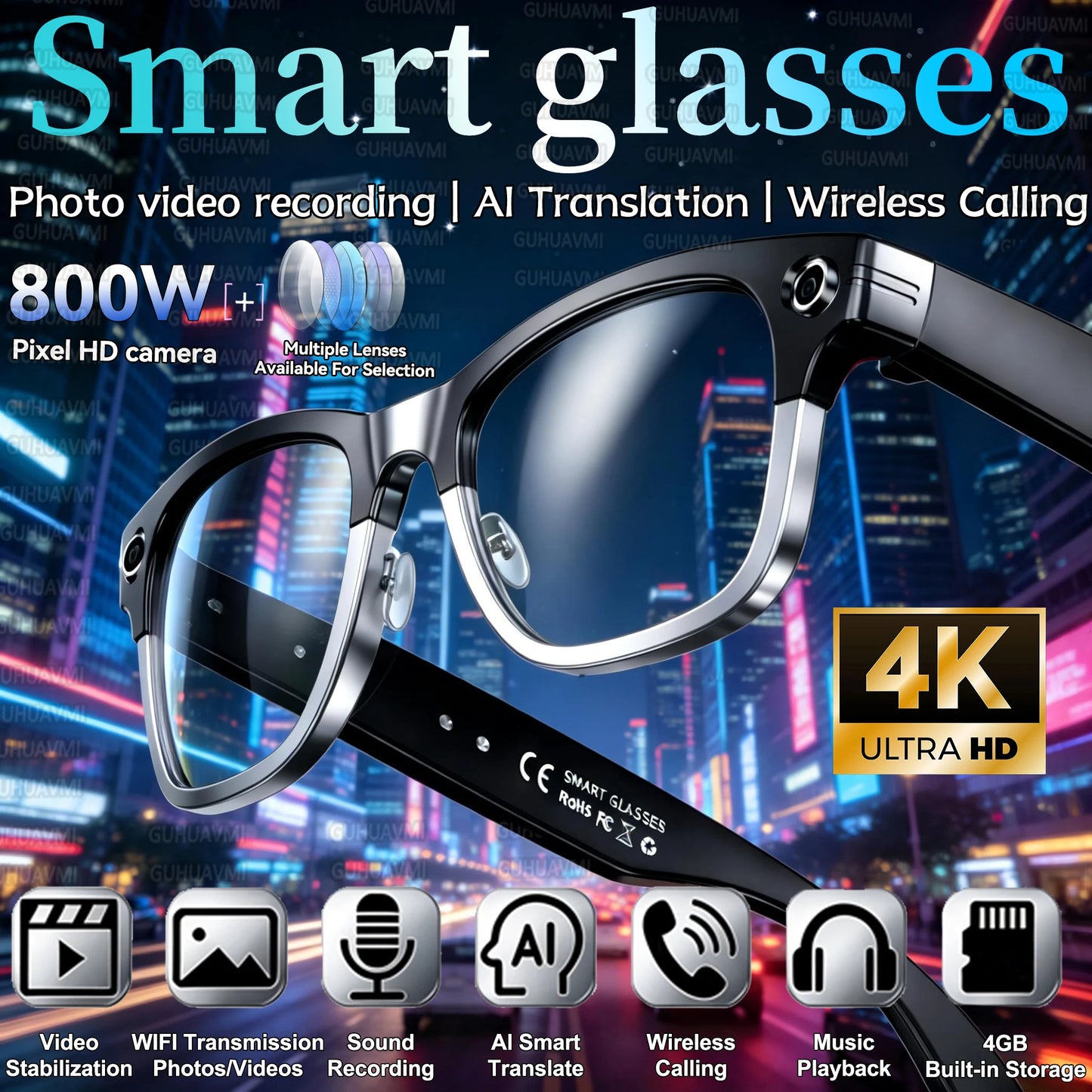 KI Smart Brille W630 Pro – 128GB, OIS Bildstabilisierung, 28 Sprachen, IP66