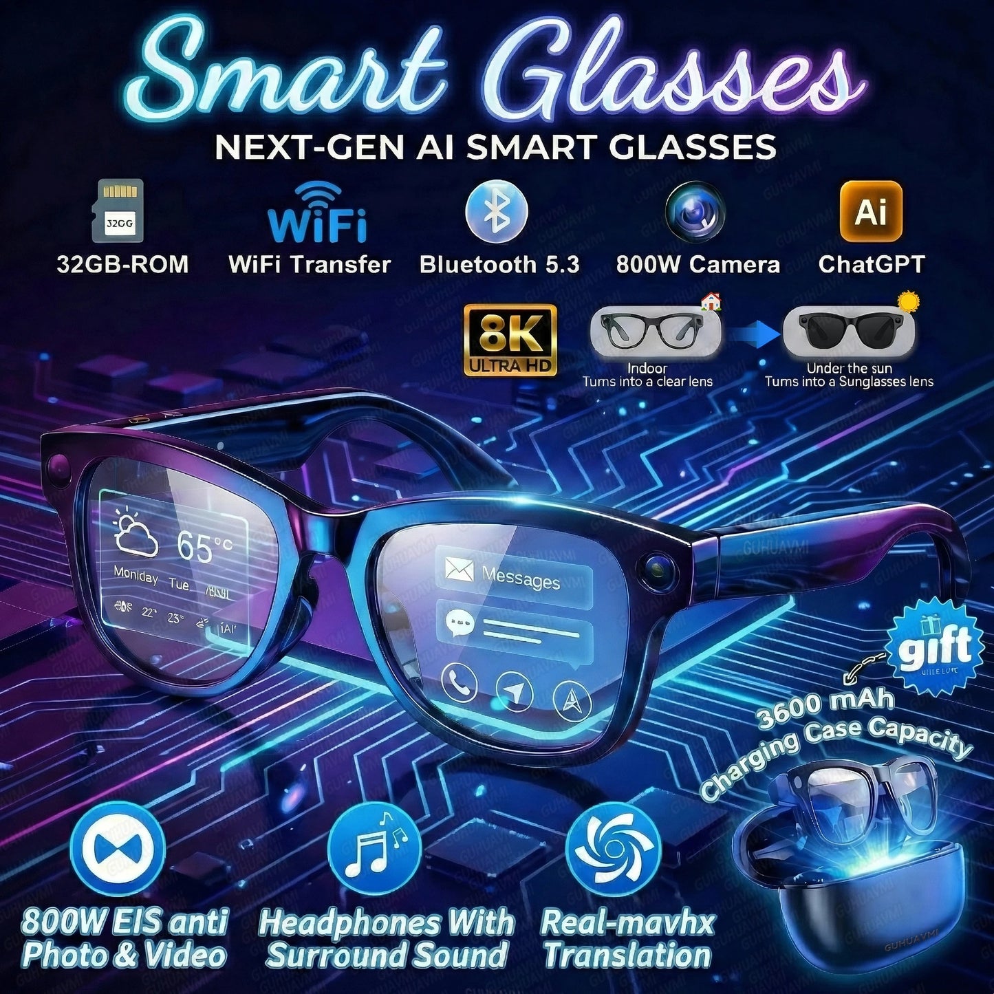 KI Smart Brille 2026 – 4K Kamera, 3600mAh Powerbank, 32GB, ChatGPT & 120+ Sprachen