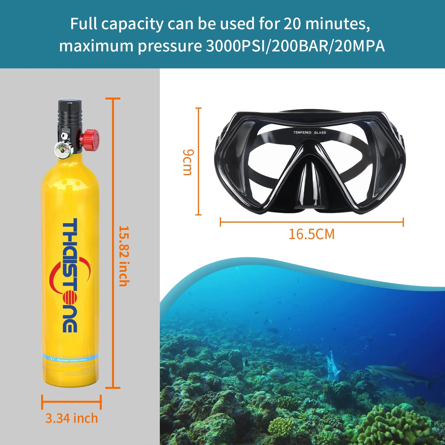 THAISTONE 1L Scuba Tauchflasche – 15–25 Min. Tauchzeit mit Adapter & Profi-Ausrüstung