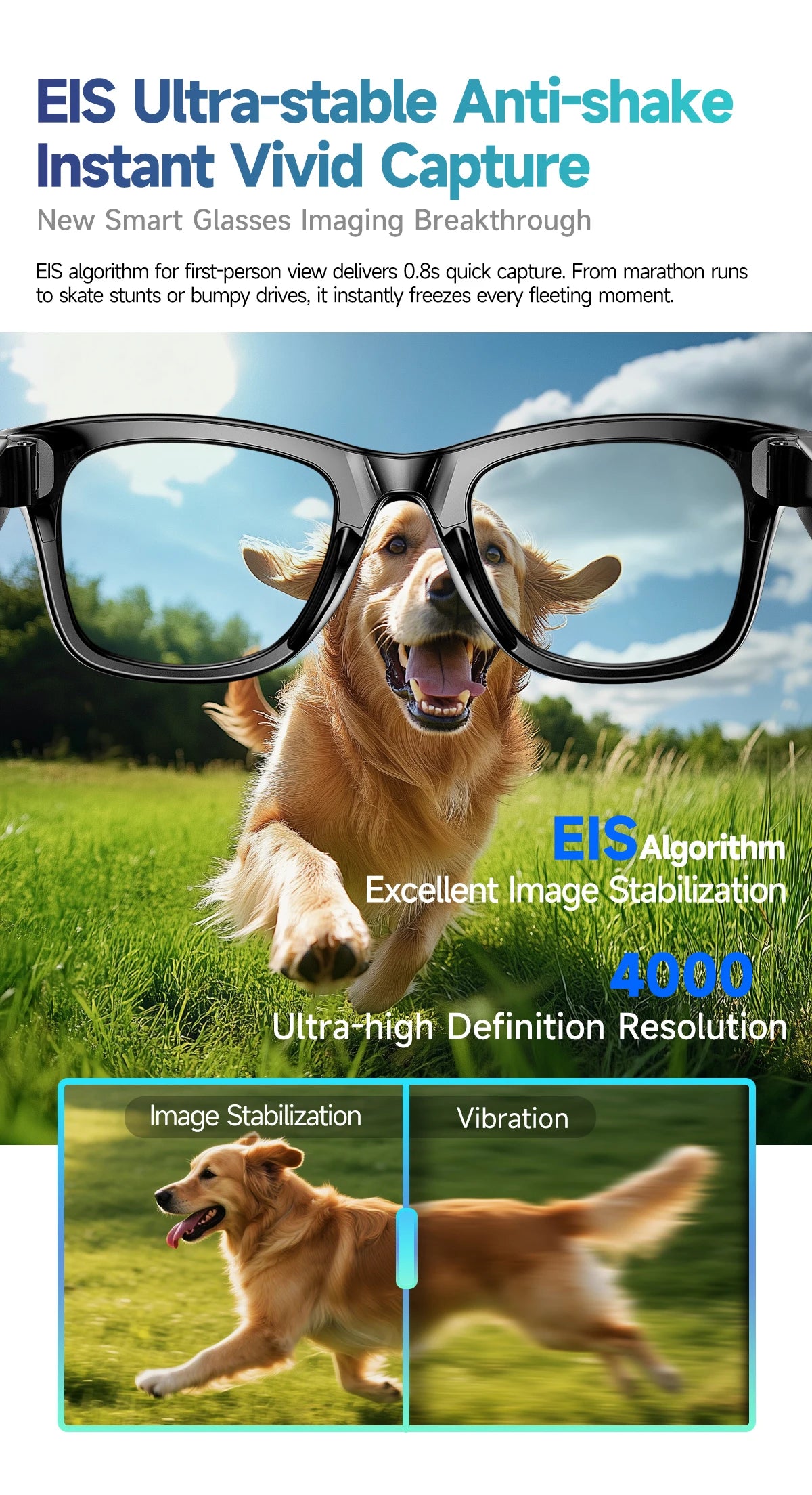 KI Smart Brille – 800W Anti-Shake HD Kamera, Übersetzung, Musik & BT Anruf