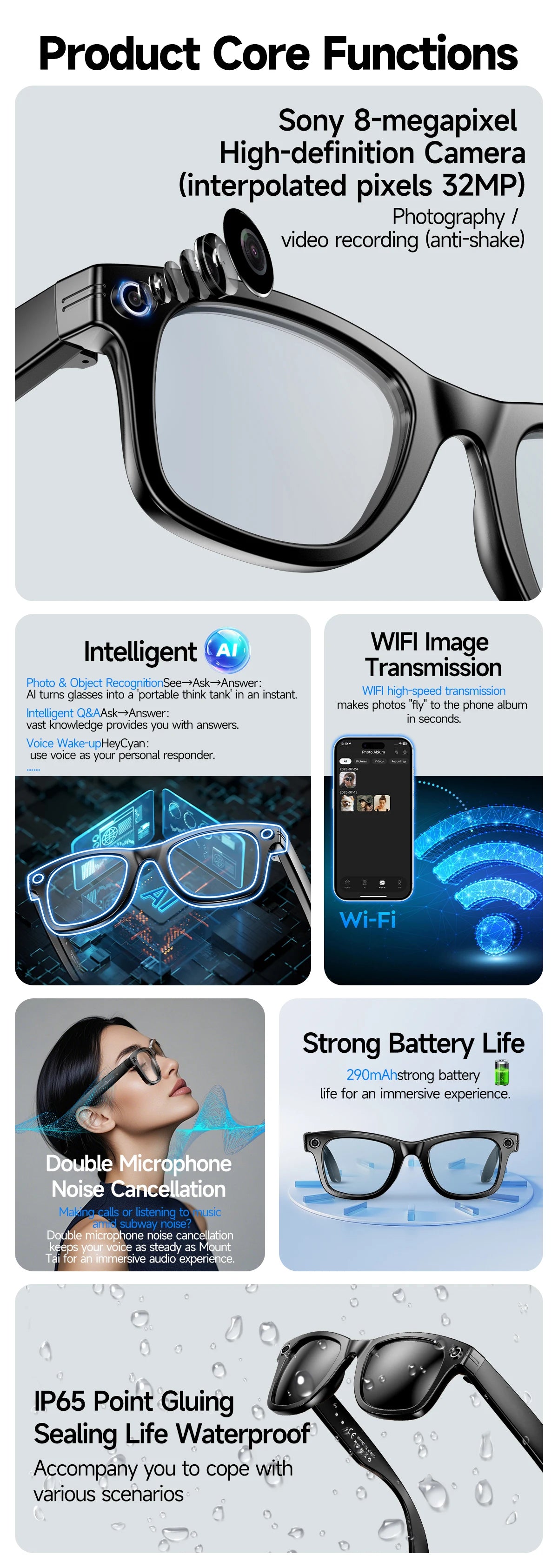 KI Smart Brille – 800W Anti-Shake HD Kamera, Übersetzung, Musik & BT Anruf