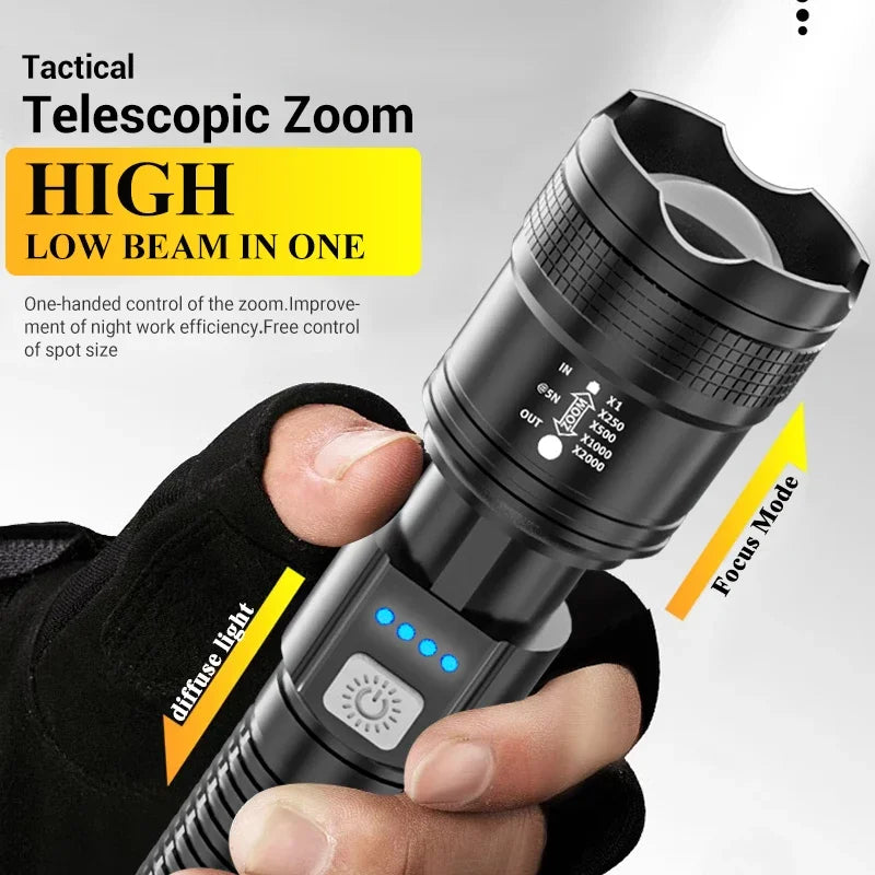 LED Taschenlampe 2000LM – USB wiederaufladbar, zoombar für Camping & Outdoor