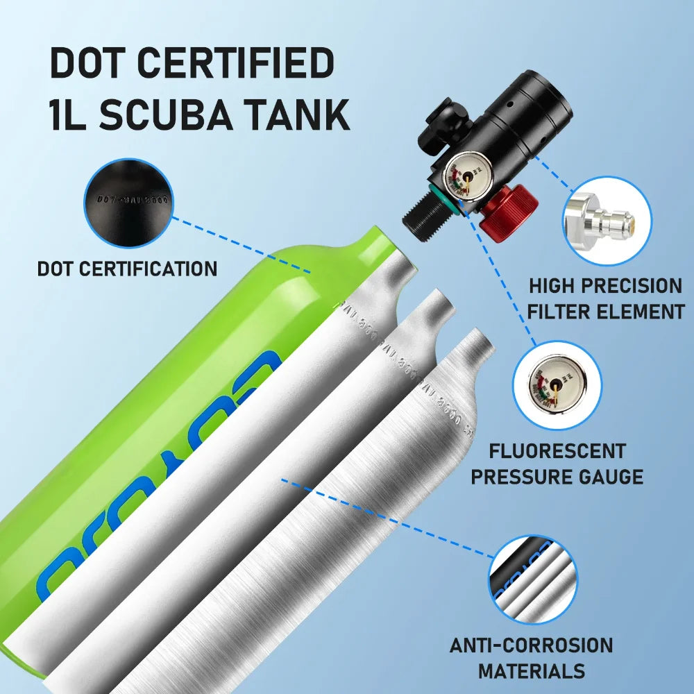 1L Mini Scuba Tank mit Tauchermaske – DOT-zertifiziert, 15 Min. Tauchzeit