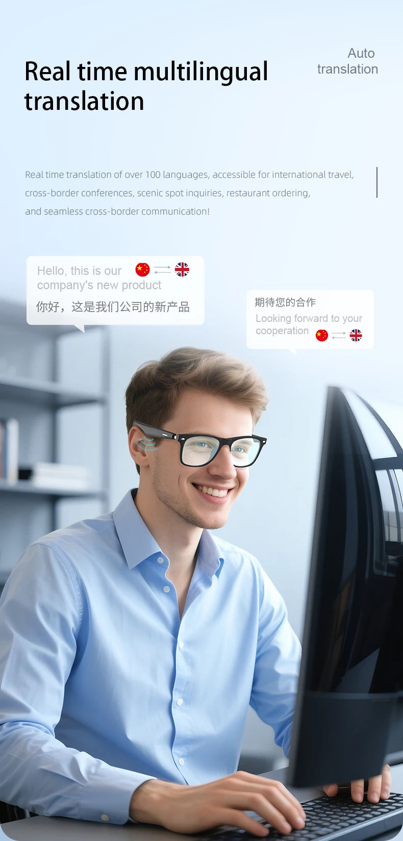 AI Smart Glasses – Bluetooth, KI-Übersetzung, UV-Schutz & Fernauslöser