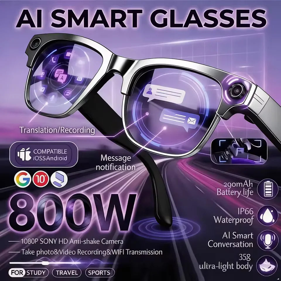 KI Smart Brille W630 – 800W Dual-Kamera, 120+ Sprachen, IP66, Farbwechsel