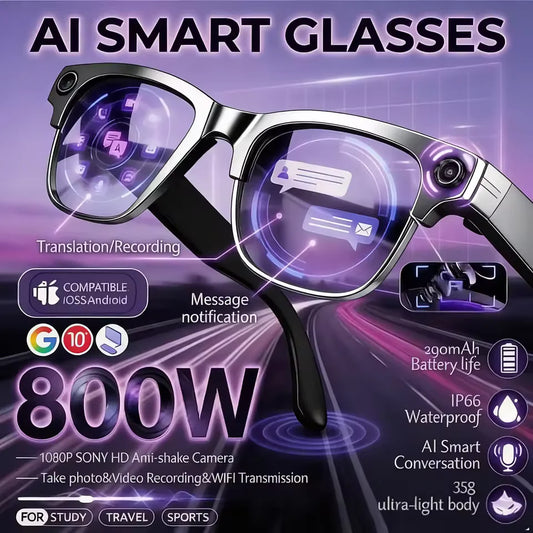 KI Smart Brille W630 – 800W Dual-Kamera, 120+ Sprachen, IP66, Farbwechsel