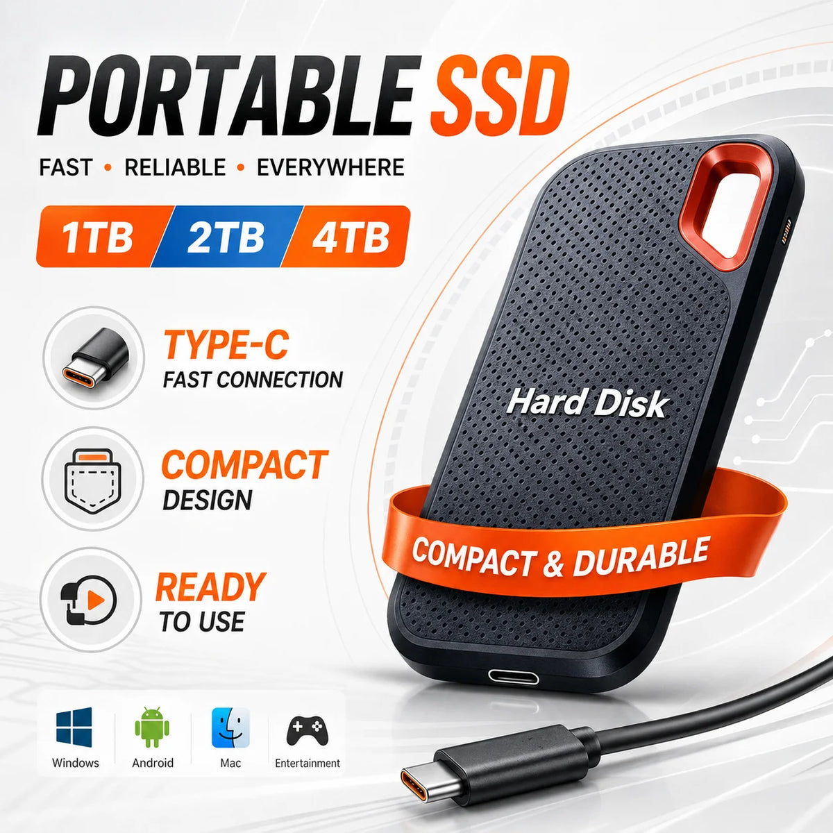 Portable SSD Festplatte – USB 3.1 Type-C, bis zu 2TB, für Laptop, Mac & Smartphone – Frontansicht